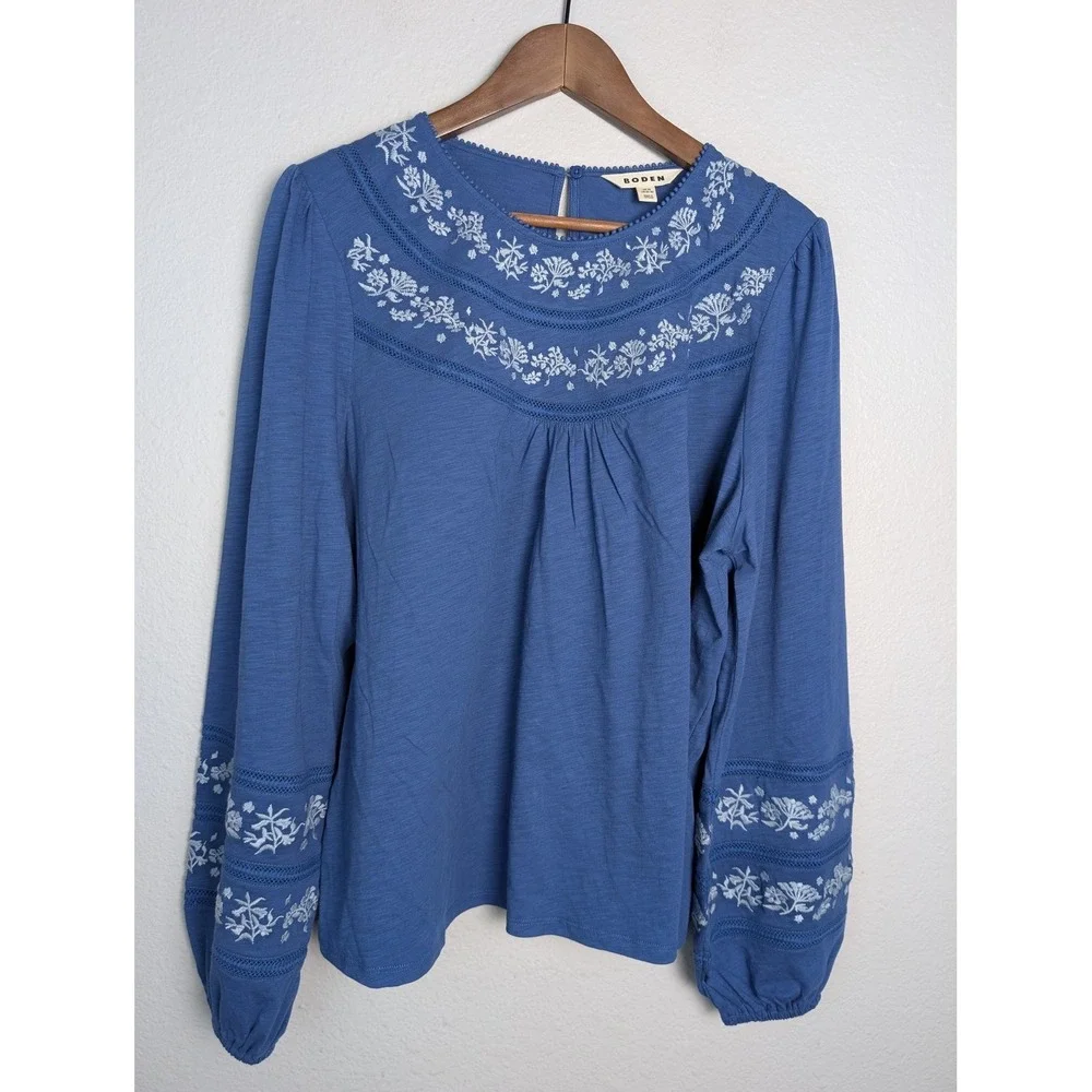 NWOT Boden Blouse Women 22 Blue Embroidered Floral Jersey Long Sleeve Boho Top